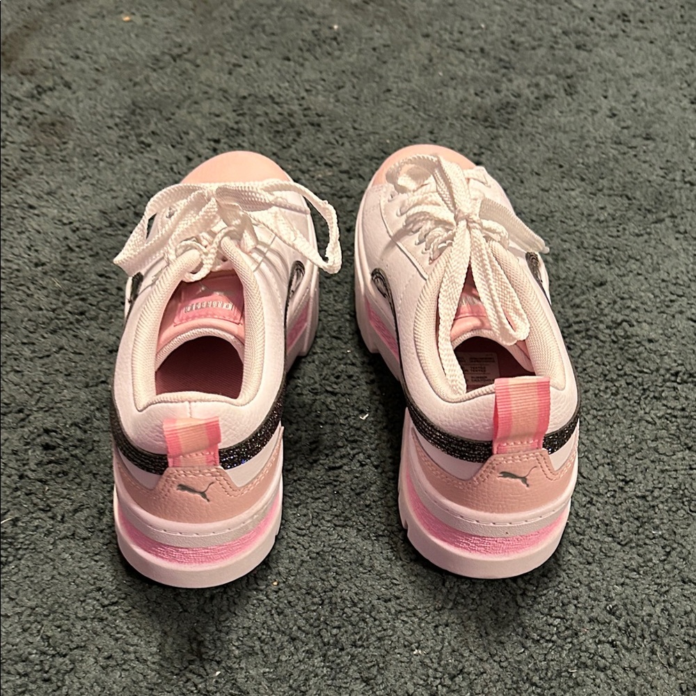 Puma Kids White and Pink Platform Sneakers with Black Glitter - Picture 4 of 5